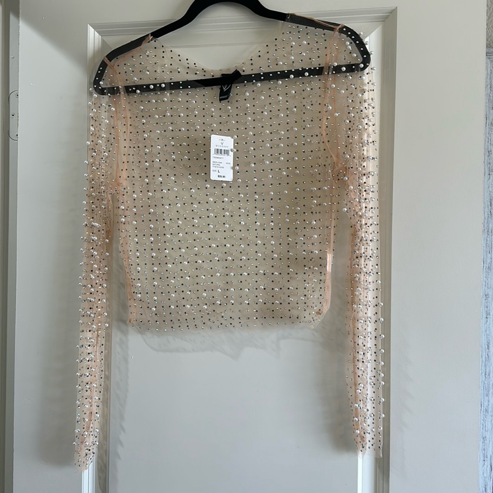 White pearl and rhinestone mesh top